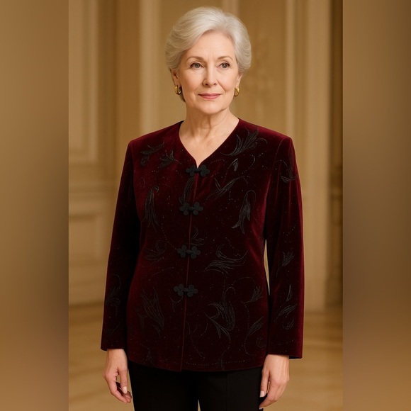 felice Tops - Elegant Burgundy Velvet Evening Jacket | Vintage Teddi Embroidered Blazer